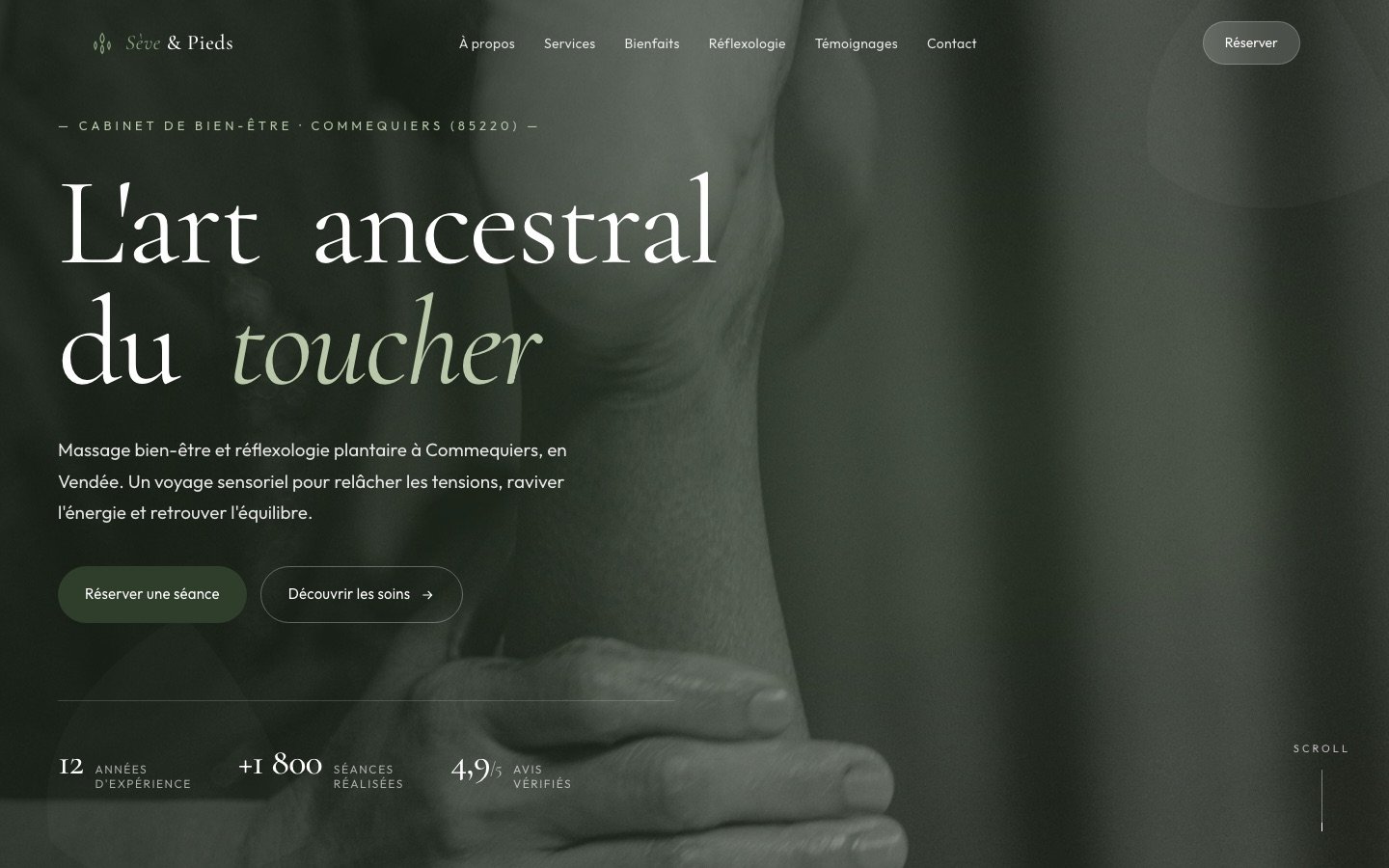 Page d'accueil du site de démonstration Sève & Pieds : « L'art ancestral du toucher », massage bien-être et réflexologie plantaire